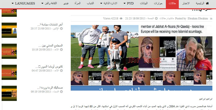 La web del partido demócrata del Kurdistán denuncia a Osama Abdul Mohsen como combatiente de Al Qaeda. Foto: web del PYD.